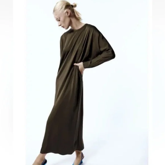 Zara | Dresses | Zara Long Sleeve Midi Shift Dress Bat Wing Sleeves In  Khaki Green Size M | Poshmark